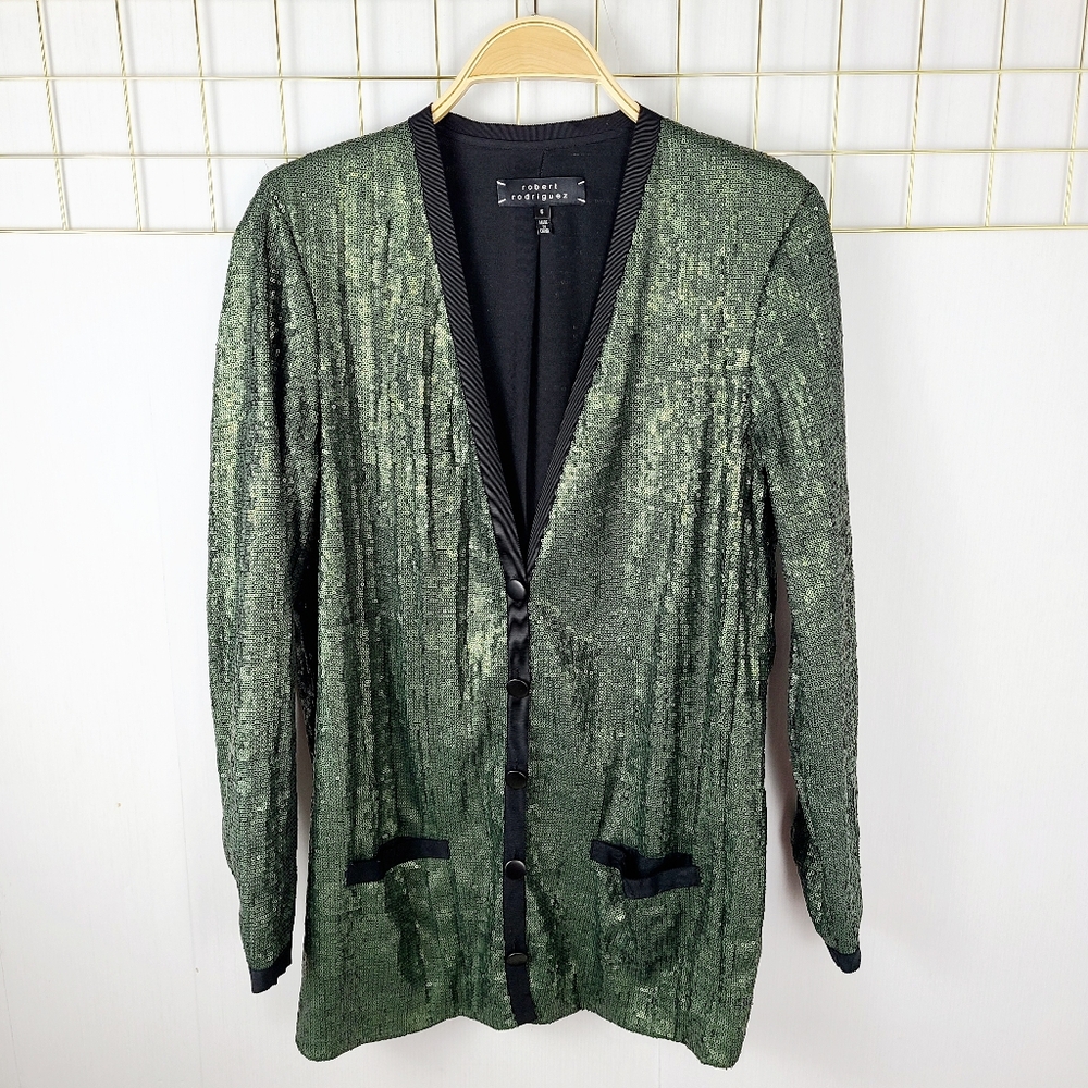 Robert Rodriguez Dark Green Forest Fairy Sequin Ribbon Trim Cardigan Jacket